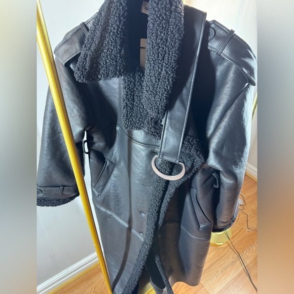 Women's Black Faux Leather Coat with Shearling Trim - Picture 5 of 7